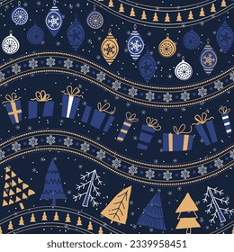 Christmas seamless pattern on dark background for greeting cards, wrapping paper. Hand drawn winter background from doodle Christmas toys, snowflakes, present boxes. Vector illustration.