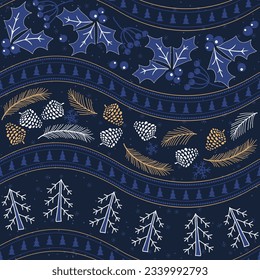 Christmas seamless pattern on dark background for greeting cards, wrapping paper. Hand drawn winter background from doodle Christmas trees, holly leaves, cones, berries. Vector illustration