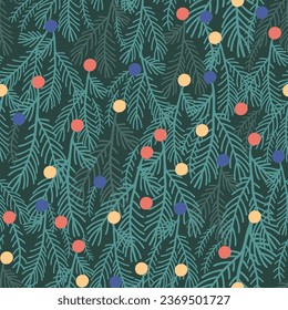 Patrón de Navidad sin costuras sobre fondo verde oscuro. Ropa de pino verde, bayas rojas, amarillas y azules. Ilustración vectorial. Diseño natural. Papel para felicitaciones por la próxima temporada.