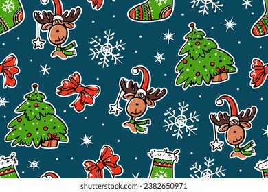 Christmas seamless pattern on dark blue background. Includes a Christmas tree, bow, funny moose, sock, snow and snowflakes. Colorful festive print. Vector.