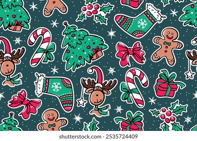 Christmas seamless pattern on a dark emerald background. Includes christmas tree, gift box with bow, sock, holly berries, gingerbread man, snowflake,  moose, candy cane. Colorful festive print. Vector