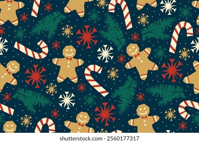 Christmas seamless pattern on dark blue background. Winter pattern with gingerbread man, candy cane, pine branch and colorful snowflakes. Holiday print. Flat style. Vector illustration.