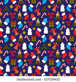 Christmas seamless pattern on dark blue background for wrapping paper, wallpaper, pattern fills, web page background and more. Vector illustration for Christmas and New Year 2017. EPS10.