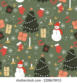 Christmas seamless pattern on a green background. Vector illustration flat style. Christmas trees, snowmen, gifts, toys and decorations