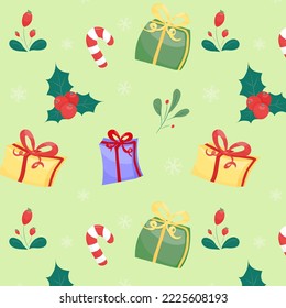 Christmas seamless pattern on green background with gifts