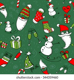 Christmas seamless pattern on green background. Happy new year repeat print. Wallpaper with a snowman , Santa Claus , gifts, champagne , gloves , socks 