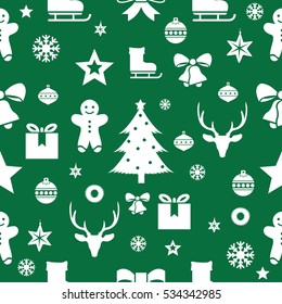 Christmas seamless pattern on a green background. Vector illustration