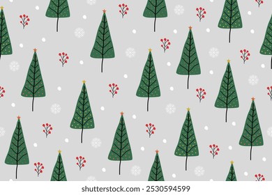 Christmas seamless pattern on a grey background. Cute christmas tree doodle hand drawn. Celebrate festival. Design for vector illustration, fabric, wrapping, gift, paper, greeting cards.