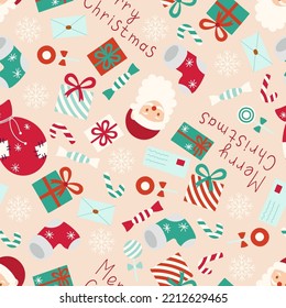 Christmas seamless pattern on a light background gifts, candy, bag, sock, snowflakes