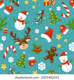 Christmas seamless pattern on light blue background. Background includes snowman,  Santa hat,  gingerbread man,  moose,  Christmas tree, snowflakes, candy cane and more. Cartoon. Vector Illustrations.