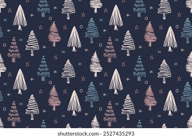 Christmas seamless pattern on a Navy blue background. Cute christmas tree doodle hand drawn. Celebrate festival. Design for vector illustration, fabric, wrapping, gift, paper, greeting cards.