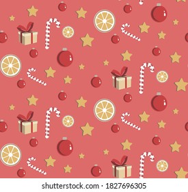 
Christmas seamless pattern on a pink background - candy cane, lemons, gifts, stars, balls.