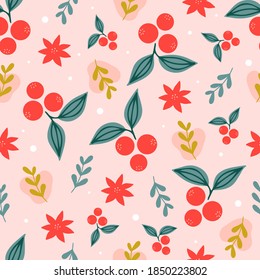 Christmas seamless pattern on pink background with Poinsettia flowers, pine branches and berries. background