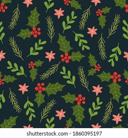 Christmas seamless pattern on pink background with Poinsettia flowers, pine branches and berries. background