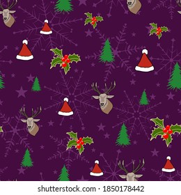 Christmas seamless pattern on purple background