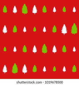 christmas seamless pattern on red. new year hand drown firs wrapping paper design, winter holiday decoration, white and green christmas trees modern background
