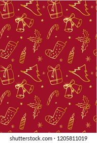 Christmas seamless pattern on a red vintage background. Hand drawn golden doodles are perfect for prints, wrapping paper design, festive backgrounds, textile patterns. Vector illustration EPS 10