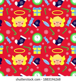 Christmas seamless pattern, on red background. Angel, sock, toy new year tree, snowflake, candy. Winter holidays concept. For wallpaper, scrapbooking, clothes, fabric textile Vector backdrop