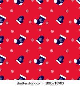 Christmas seamless pattern, on red background. Felt boot, sock, snowflake, mitten. Winter holidays concept. For wallpaper, scrapbooking, clothes fabric textile Vector backdrop
