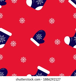 Patrón de Navidad sin costura, de fondo rojo. Bota de fieltro, calcetín, copo de nieve, mimo. Concepto de vacaciones de invierno. Para papel de pared, scrapbooking, tela textil Vector fondo