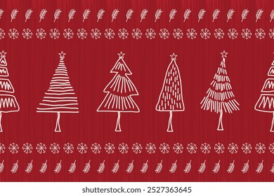 Christmas seamless pattern on a red background. Cute christmas tree doodle hand drawn. Celebrate festival. Design for vector illustration, fabric, wrapping, gift, paper, greeting cards.