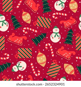 Christmas seamless pattern on red background with decorative elements, gift box, snowman, lollipop for festive occasion. Vector.