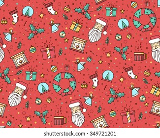 Christmas seamless pattern on a red background. Hipster style in a thin line with elements for Christmas wrapping paper