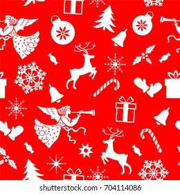 Christmas seamless pattern on red background with deer, candy, angel, snowflakes, boxes, bell, Vector illustration.