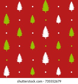 christmas seamless pattern on red. new year hand drown firs wrapping paper design, winter holiday decoration, white and green christmas trees modern background