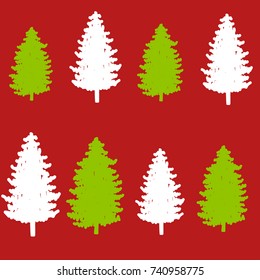 christmas seamless pattern on red. new year hand drown firs wrapping paper design, winter holiday decoration, white and green christmas trees modern background