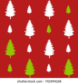 christmas seamless pattern on red. new year hand drown firs wrapping paper design, winter holiday decoration, white and green christmas trees modern background