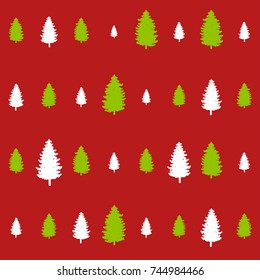 christmas seamless pattern on red. new year hand drown firs wrapping paper design, winter holiday decoration, white and green christmas trees modern background