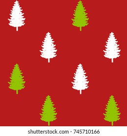 christmas seamless pattern on red. new year hand drown firs wrapping paper design, winter holiday decoration, white and green christmas trees modern background