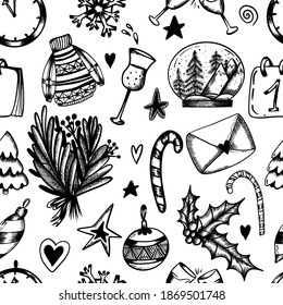 Christmas seamless pattern on a white background. Christmas print in hand draw style. Sweater, calendar, lollipop, champagne, tree, bouquet, snow globe. Vector illustration.