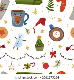 Christmas seamless pattern on white background. Vector hand drawn cartoon illustration.