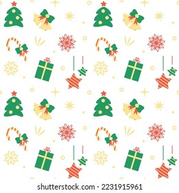 Christmas seamless pattern on white background. Vector illustration of New Year ornament. Packaging paper and textile design.