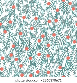Weihnachtsnahtloses Muster auf weißem Hintergrund. Grüne Kiefernzwiebeln, rote Beeren. Vektorgrafik. Natürliches Design. Digitales Papier für Glückwünsche zur kommenden Saison.