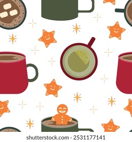Christmas seamless pattern on a white background vector. Hot chocolate, coffee, cocoa with marshmallows, gingerbread cookies.Perfect for wrapping paper, packaging design, seasonal  textile