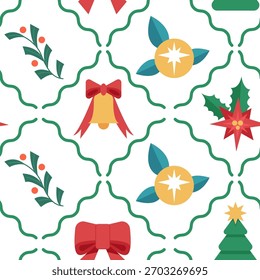 Weihnachten nahtloses Muster auf weißem Hintergrund. Festliches Design für Textilien, Verpackungspapier. Flache Vektorgrafik.