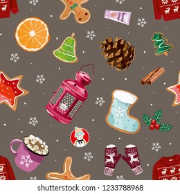 Christmas seamless pattern with orange, bear, sweater, handcream, gingerbread, cone, snowflakes, cinnamon, sweater, lantern. Winter vector elements. For banners, posters, card, wrapping paper. 2023.