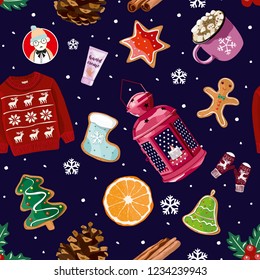 Christmas seamless pattern with orange, bear, sweater, handcream, gingerbread, cone, snowflakes, cinnamon, sweater, lantern. Winter vector elements. For banners, posters, card, wrapping paper. 2020