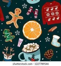 Christmas seamless pattern with orange, deer, sweater, handcream, gingerbread, cone, snowflakes, cinnamon, sweater. Winter vector elements. For banners, posters, card, wrapping paper. New Year 2023
