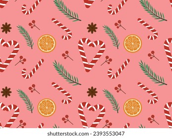Christmas seamless pattern with orange slice, candy cane, fir branch, on pink background, repeat pattern, wallpaper, tile, backdrop, gift wrapping paper. Vector illustration