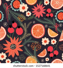 Christmas seamless pattern with orange slices and seasonal plants