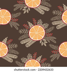Christmas seamless pattern with orange slices, cinnamon, berries, fir branches, cones, and leaves. Winter background. Vector illustration