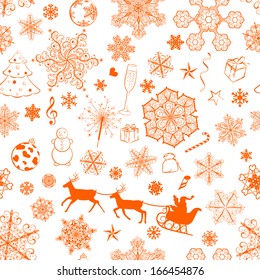 Christmas seamless pattern with orange snowflakes and xmas symbols