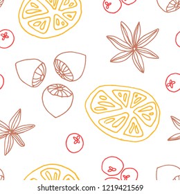 Christmas seamless pattern with oranges, berries, nuts and spice in lineart style