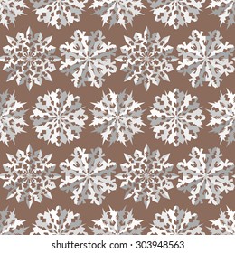 Christmas seamless pattern. Origami snowflakes on soft, rose/brown, pastel  background. White flake icon silhouettes. Paper cut out convex sign with shadow. Winter theme texture. Vector illustration.
