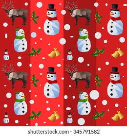 Christmas seamless pattern with origami snowman and reindeer on red background