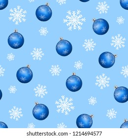 Christmas seamless pattern with ornament balls and snowflakes, on blue background. Vector eps 10.
